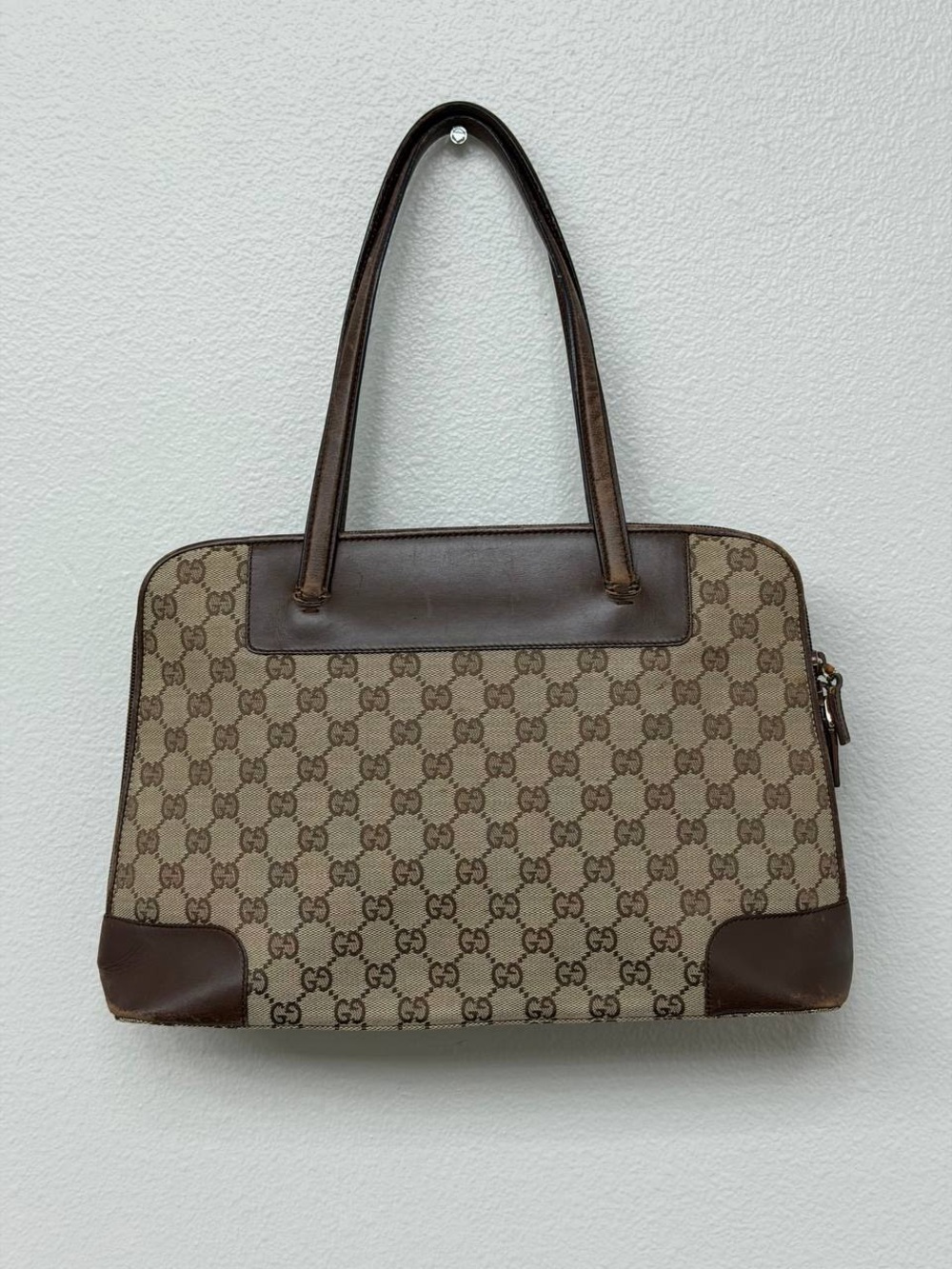Gucci Vintage GG Monogram Canvas Brown Leather Shoulder Tote Bag